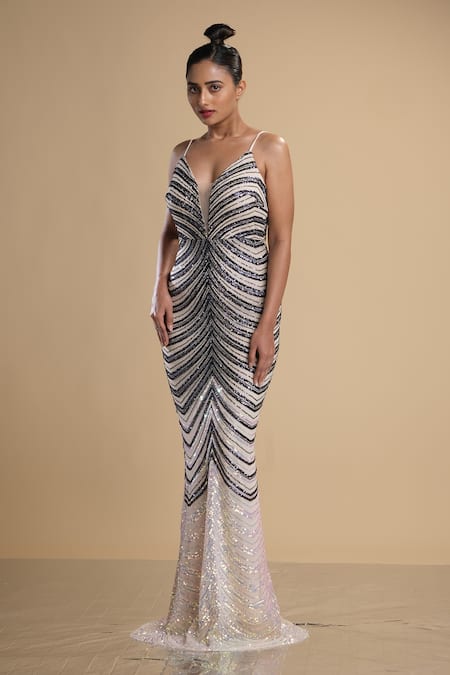 Kommal Sood Blue Lycra Stretch Net Embroidered Work Graphic Pattern Strappy Gown
