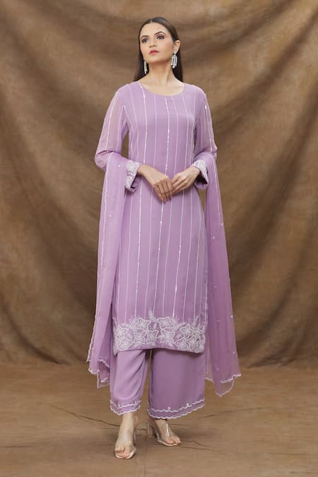 Shop Kanj By Priyanka A Sakhuja Purple Georgette, Chiffon Embroidery Round Neck Floral Linear Kurta Palazzo Set Online at Aza Fashions Shop_Kanj By Priyanka A Sakhuja_Purple Georgette, Chiffon Embroidery Round Neck Floral Linear Kurta Palazzo Set _Online_at_Aza_Fashions