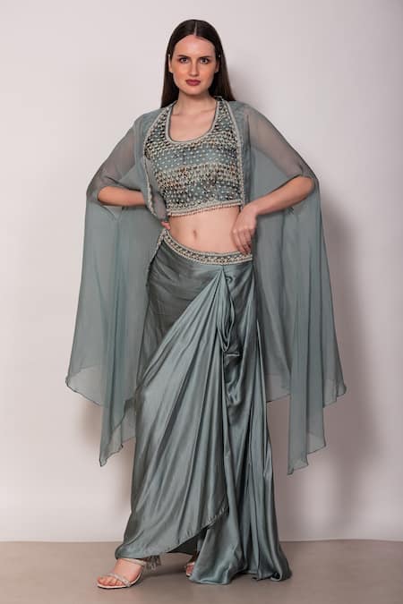 Vara by Vibha n Priti Embroidered Blouse Draped Skirt Set 