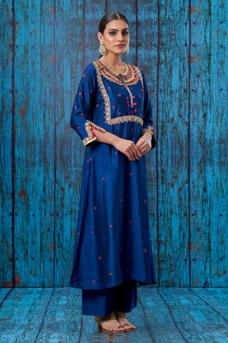 Label Niti Bothra_Blue Silk Round Colourful Coin Work Kurta And Palazzo Set _Online_at_Aza_Fashions