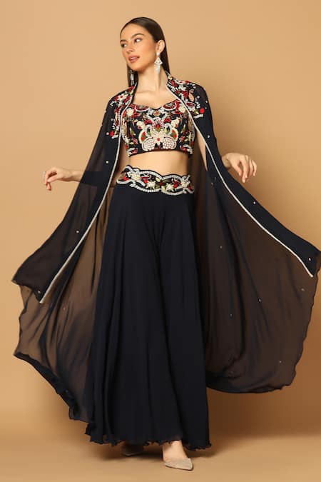 Two Sisters By Gyans Blue Georgette Embroidery Stones Leaf Neck Floral Cape And Sharara Set 