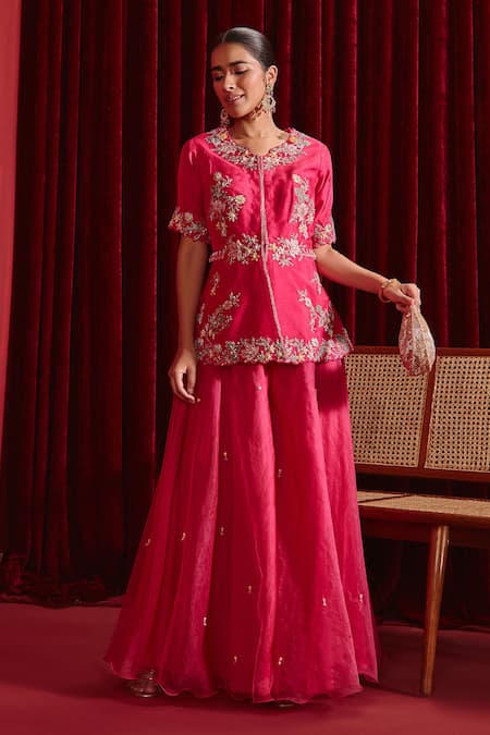 Ajiesh Oberoi Pink Dupion Silk And Organza Embroidered Floral Urvi Jacket & Sharara Set 