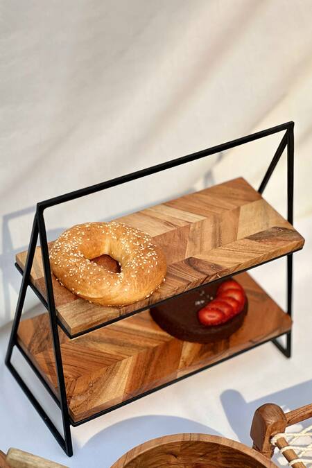 Buy Mason Home Brown Acacia Wood Vienna 2 Tier Stand at Aza Fashions Buy_Mason Home_Brown Acacia Wood Vienna 2 Tier Stand_at_Aza_Fashions