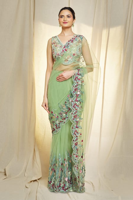 Vivek Patel_Green Tulle, Silk Pearls, Beads V-neck Embroidered Saree And Blouse Set _Online_at_Aza_Fashions