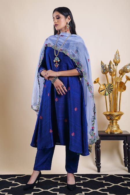 Bhusattva Blue , Cotton, Organza Sequins, Zari, Beads, Floral Pattern Kurta Set 