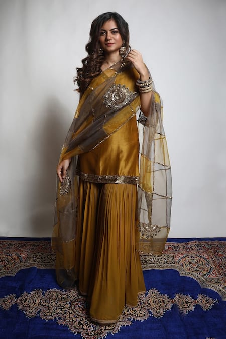 Mona and Vishu Gold Kurta  Dupion Silk Embroidered Zari V Neck And Sharara Set 