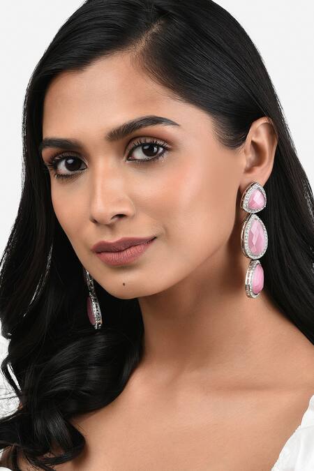 Buy Ahaanya Pink Agate Stone Embellished Danglers at Aza Fashions Buy_Ahaanya_Pink Agate Stone Embellished Danglers_at_Aza_Fashions