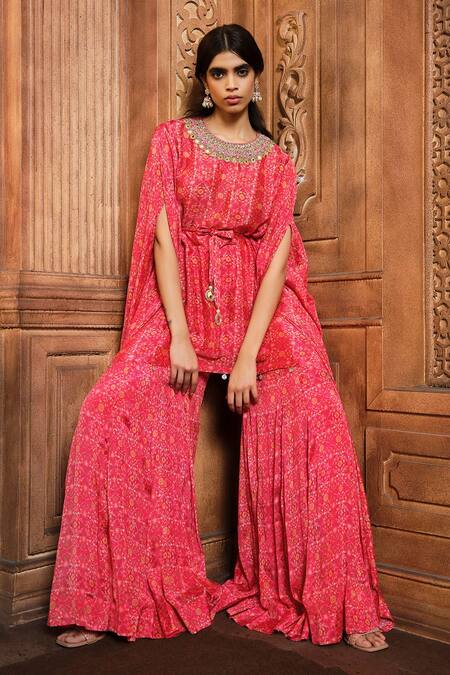 Aneesh Agarwaal Red Chiffon Beads Round Neck Floral Print Kaftan And Kali Sharara Online at Aza Fashions Aneesh Agarwaal_Red Chiffon Beads Round Neck Floral Print Kaftan And Kali Sharara _Online_at_Aza_Fashions