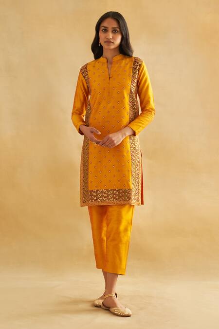 Taisha Yellow Silk Sequins, Embroidery Bandeau Neck Thread Work Kurta And Pant Set 