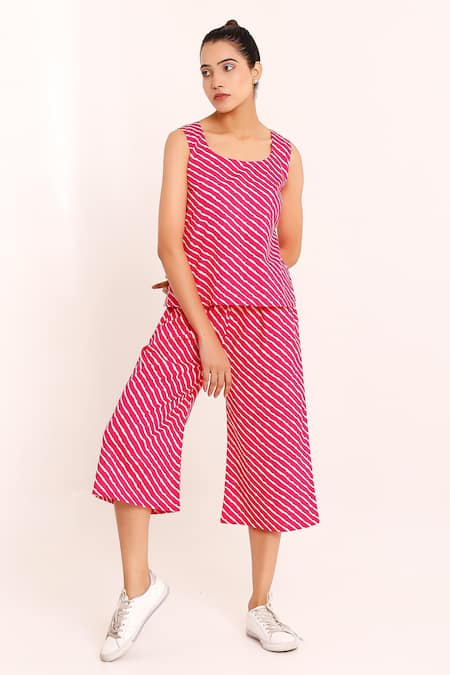 Pheeta Pink Cotton Leheriya Round Pattern Top And Pant Set 