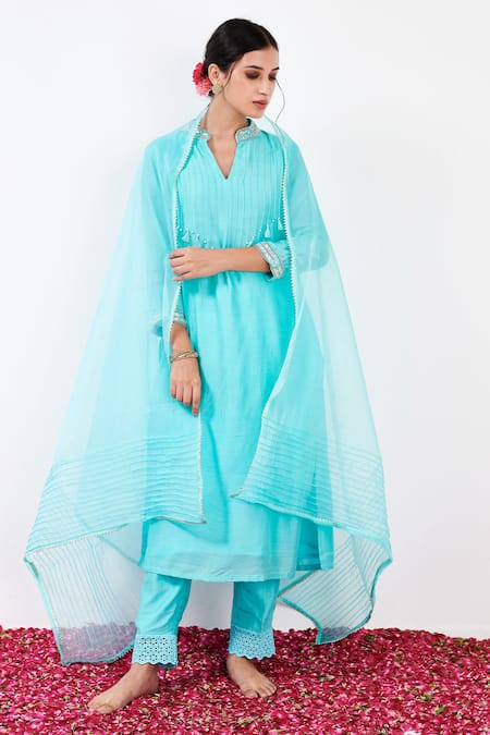 Label Flamingo By Vrinda Blue Cotton, Silk, Organza Pearls, Sequins, Crystals, Pintuck Kurta Set 