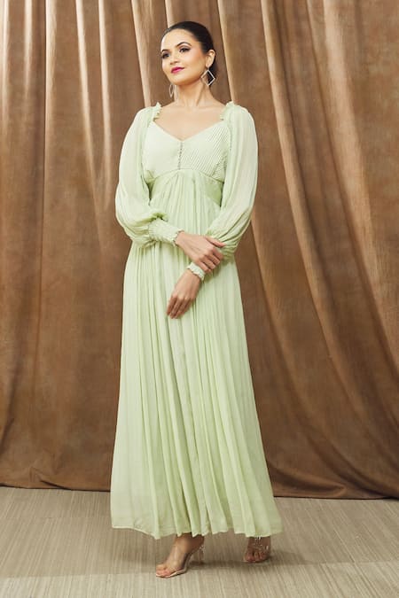 Buy Bump Loving Green Viscose, Polyester Crystals V-neck Lottei Draped Maternity Gown Online at Aza Fashions Buy_Bump Loving_Green Viscose, Polyester Crystals V-neck Lottei Draped Maternity Gown _Online_at_Aza_Fashions