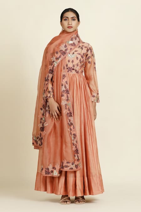 Oshi By Shikha Peach , Organza, Muslin Embroidery, Sequins, Metallic Yoke Anarkali Set 