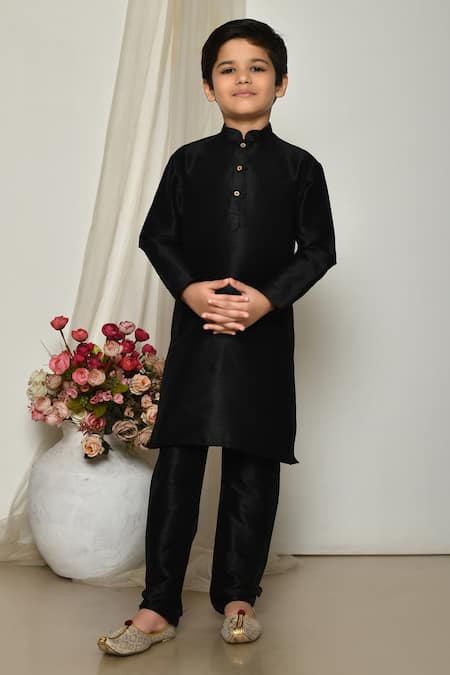 Petite Pomme Black Silk Straight Plain Kurta With Pant 