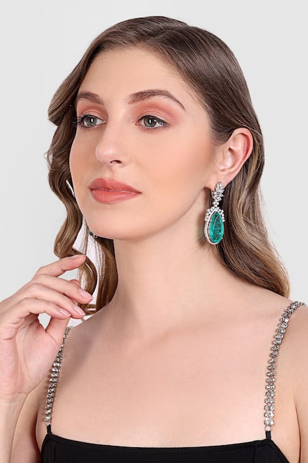 Shop Auraa Trends Blue Stones, Zari Embellished Dangler Earrings at Aza Fashions Shop_Auraa Trends_Blue Stones, Zari Embellished Dangler Earrings _at_Aza_Fashions