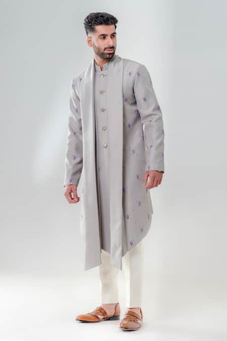 Amrit Dawani Grey Silk, Cotton Embroidery Geometric Embellished Kurta With Trouser 