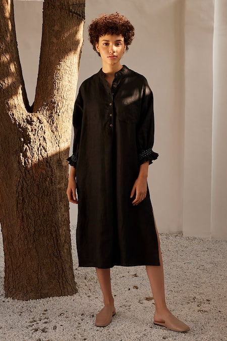 Kharakapas Eclipse Mandarin Collar Linen Dress 