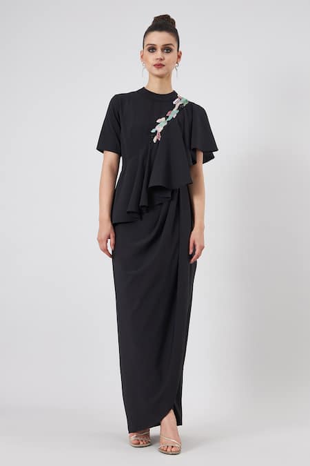 Aakaar Black Moss Crepe Plain Sequin Band Collar Noir Cascade Drape Gown 