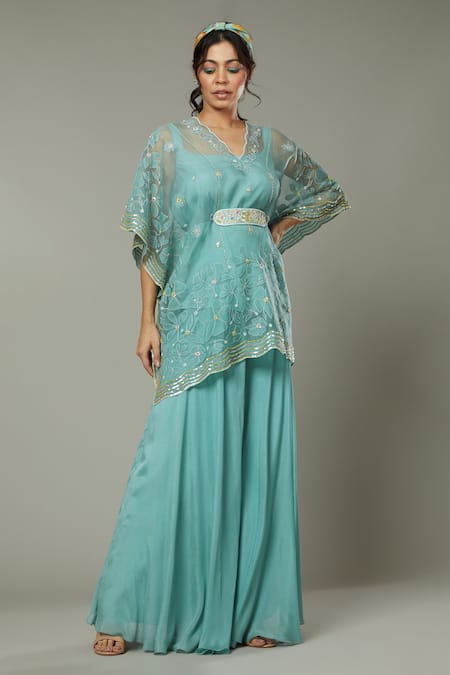 I Am Design Blue Chiffon, Silk Organza Peppermint Candy Palazzo And Embroidered Kaftan Set 