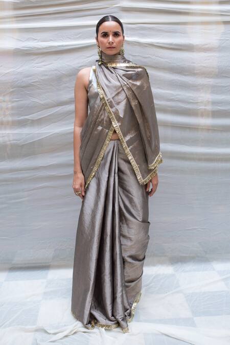 Buy Vallabh Gold Solid/Plain Bollywood Lycra Blend Silver Sarees Online @  Best Price In India | Flipkart.com