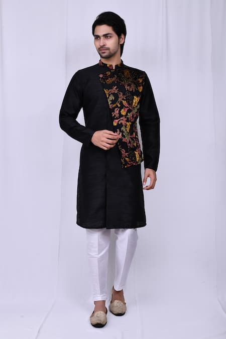 Arihant Rai Sinha Black Art Silk Floral Pattern Overlapped Kurta And Pant Set