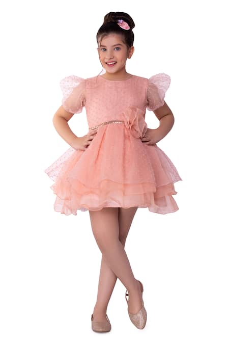 Littlecheer Peach Organza Fabric Flowers Sweepea Layered Dress