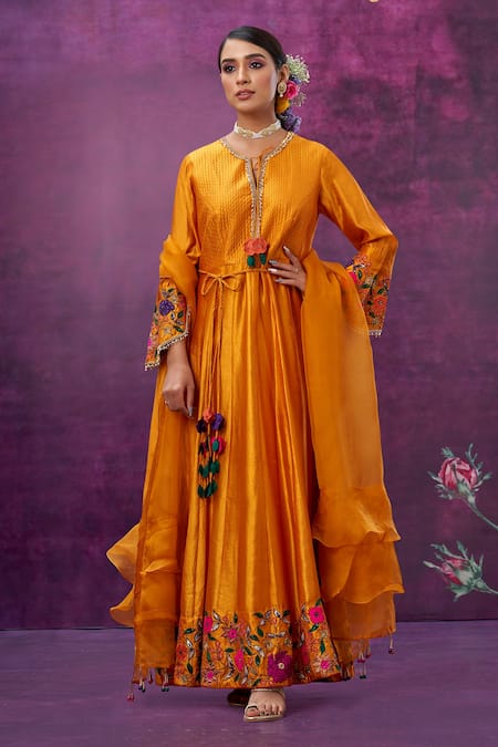 Label Niti Bothra Yellow Kora Silk Mughal Round Floral Applique Work Anarkali With Dupatta 