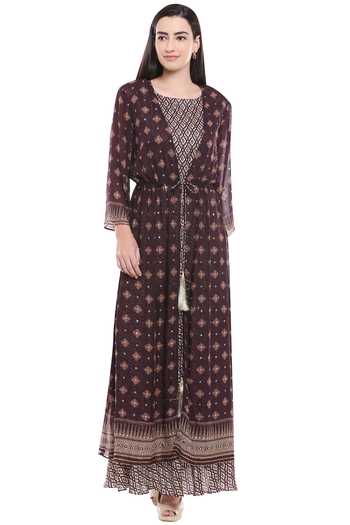 Soup By Sougat Paul Beige Chiffon, Satin Dress Round Neck Ikat Print With Jacket Online at Aza Fashions Soup By Sougat Paul_Beige Chiffon, Satin Dress Round Neck Ikat Print With Jacket _Online_at_Aza_Fashions