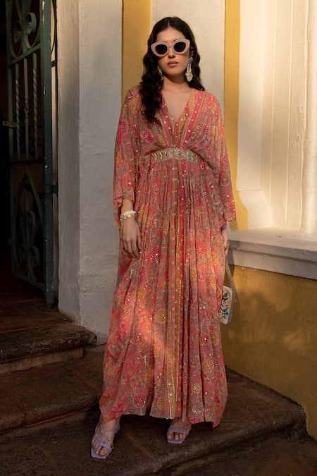 Paulmi and Harsh Multi Color Georgette Printed Floral Pattern V Neck Cherry Blossom Kaftan 