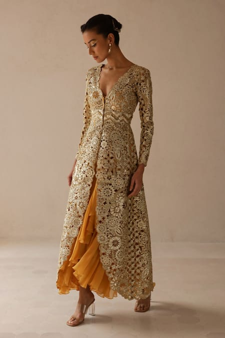 VARUN NIDHIKA Banphool Metallic Embroidered Jacket With Ruffle Gown 