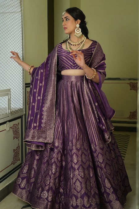 Safaa_Purple Velvet Embroidery Asymmetric The Benazir Lehenga Set _Online_at_Aza_Fashions
