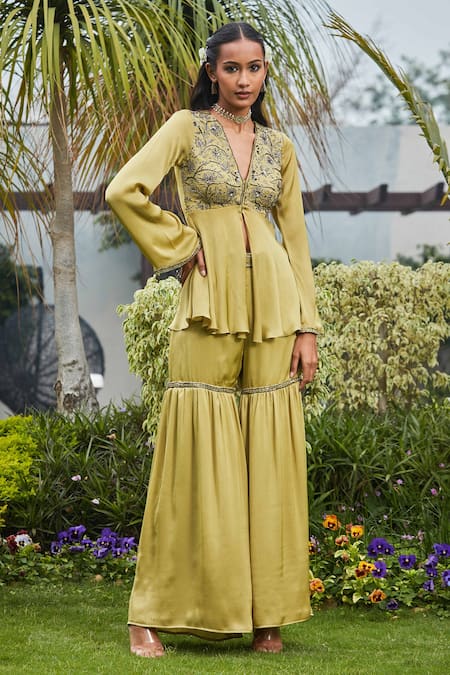 Bohame Green Satin Chiffon Hand Embroidered Beads Plunge Aziza Top And Sharara Pant Set 