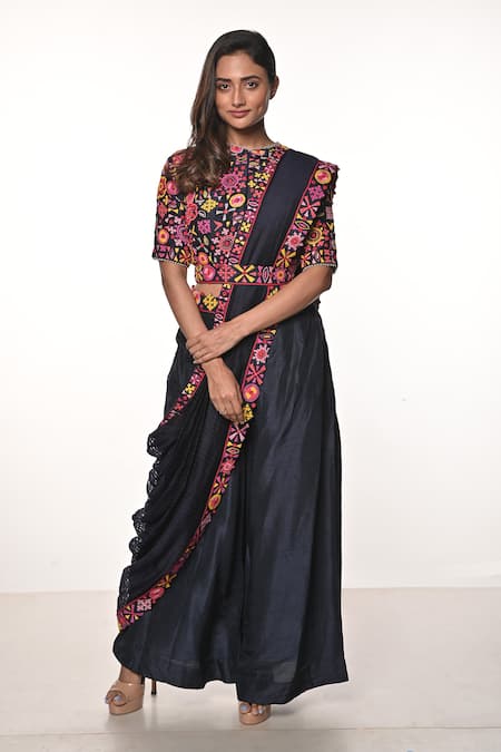 Soumodeep Dutta Hand Embroidered Border Pant Saree With Blouse 