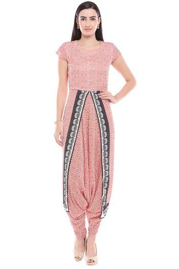 Buy_Soup By Sougat Paul_Red Flat Chiffon Jumpsuit Round Cape Mandarin Collar Printed With _Online_at_Aza_Fashions