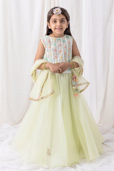 Chotibuti Green Organza Embroidery Mirror Work Waistband Lehenga Set 