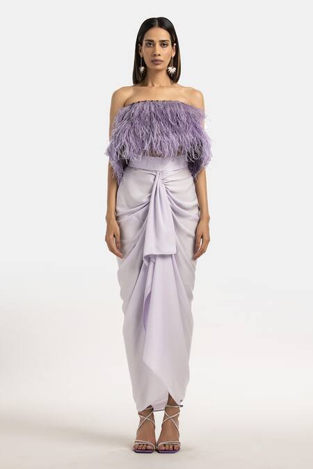 431-88 By Shweta Kapur Purple Satin And Faux Feather Embellished Stone & Fringe Layered Top 