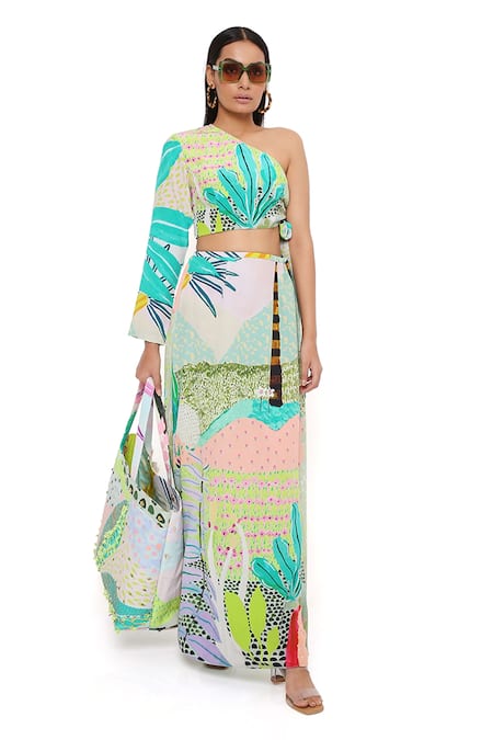 Shop_PS Pret by Payal Singhal_Green Crepe Printed Tropical Asymmetric Skirt Set _Online_at_Aza_Fashions