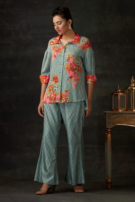 Shilpi Gupta Grey Pant Viscose , Shirt Poly Floral, Geometric Print And Set 