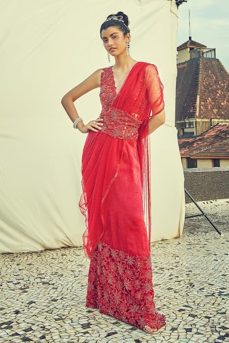 Surily G Floral Cutwork Pre-Draped Saree 