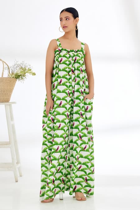Nikasha Hand Painted Parakeet Print Jumpsuit 