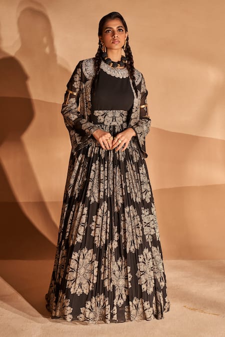 Bhumika Sharma Black Georgette And Embroidery Tara Round Jacket & Anarkali Set 