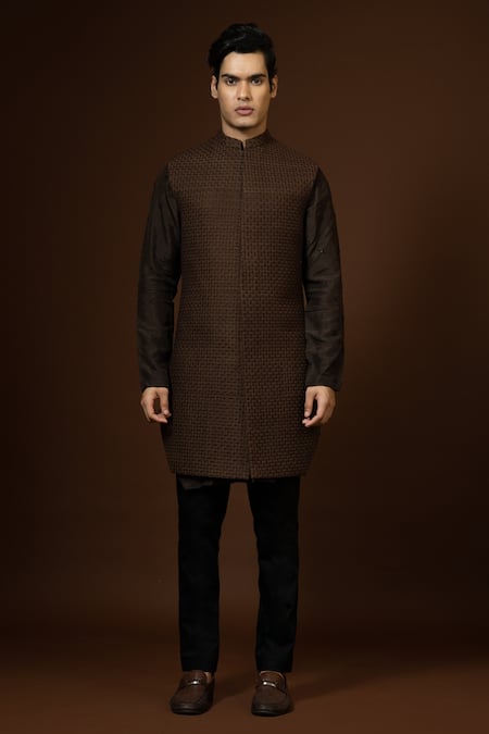 PAARSH_Brown Cotton, Silk, Bamboo Embroidery Thread Bundi Kurta Set _Online_at_Aza_Fashions