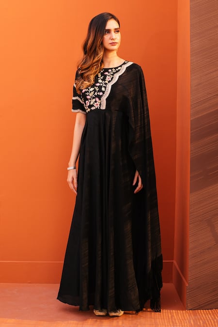 Kesar Studio Black Crepe Embroidery Floral Round Draped Gown