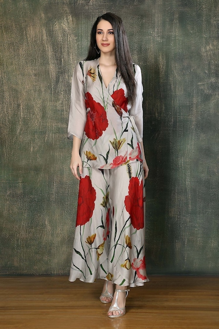 Whimsical By Shica Green Organza, Satin Beads, Embroidery V-neck Flower Bloom Print Top With Pant 