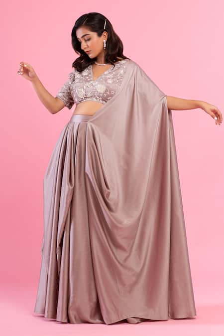 PIRI INDIA Purple Silk, Satin Beads, Sequins, Pearls High Neck Milano Pre-draped Saree Set 