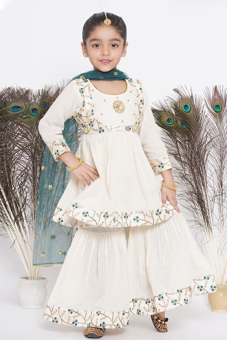 Buy Cream Cotton Hand Embroidered Floral Frock Kurta Sharara Set For Girls  by Little Bansi Online at Aza Fashions.
