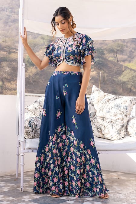 suruchi parakh Blue Georgette Crepe Printed Floral Round Crop Top And Flared Pant Set