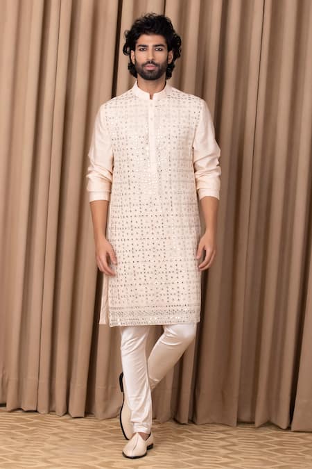 Ankit V Kapoor Pink Cotton, Silk Mirrors Sajid Embroidered Kurta Set
