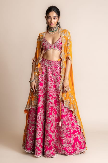 Nupur Kanoi Fuchsia Cape- Georgette Embroidery Border And Contrast Lehenga Set  