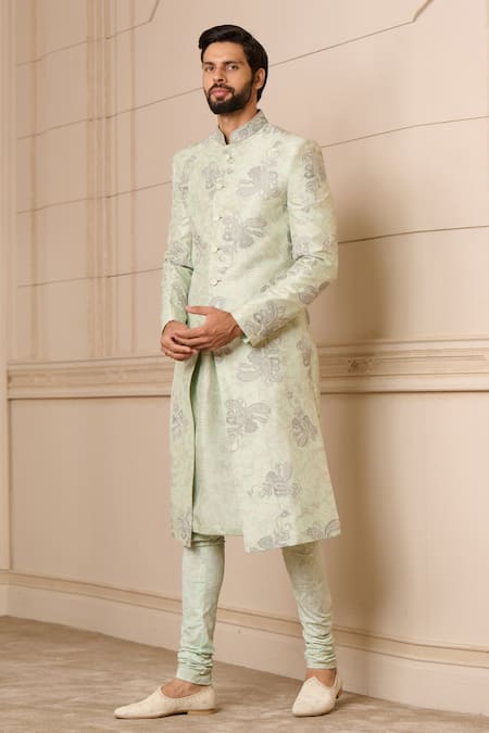 Tarun Tahiliani Blue Kurta Dupion Sherwani Dupion Churidar Stretch Pattern With Set 